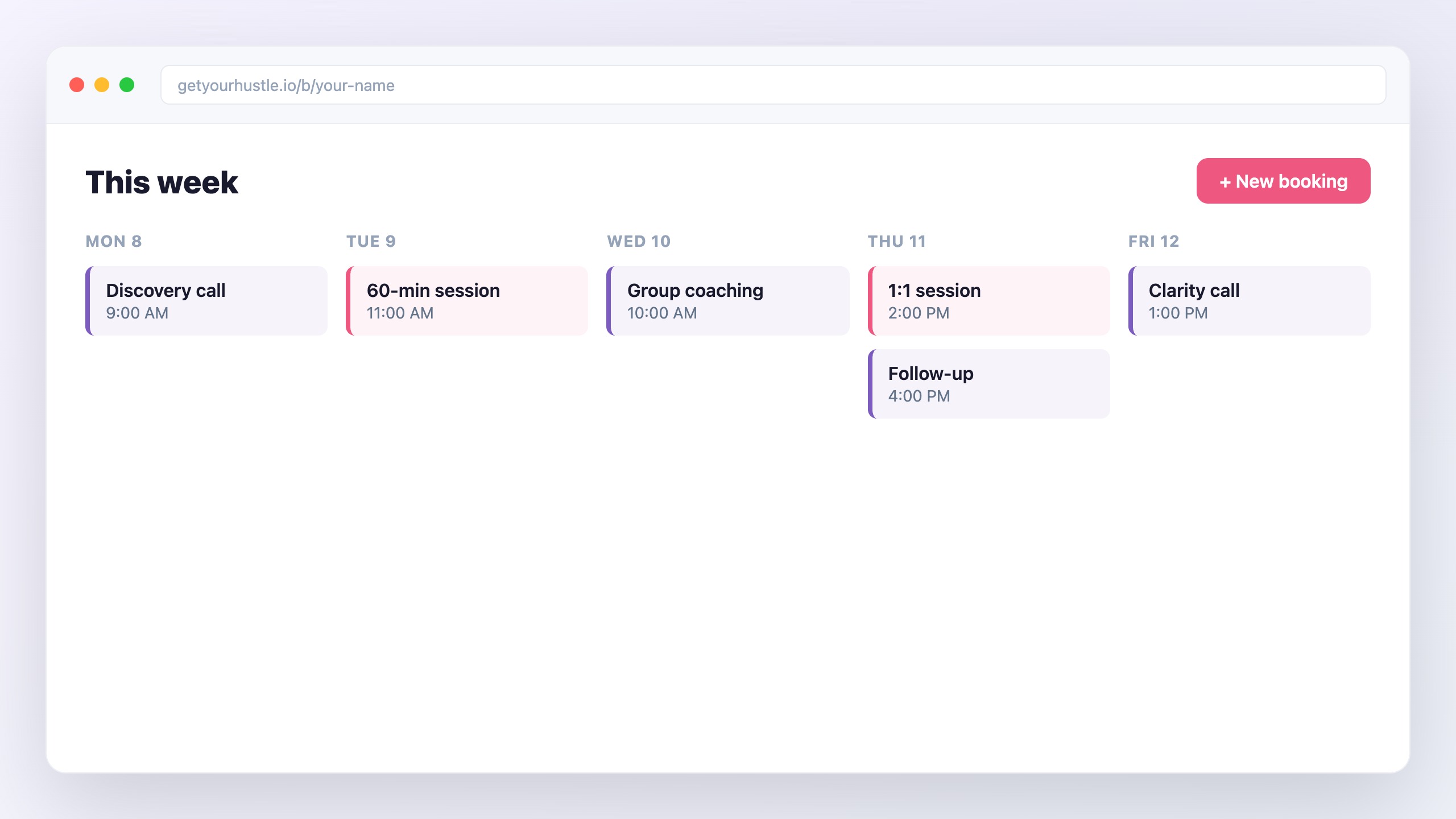 A HustleHub booking calendar showing a week of scheduled client sessions