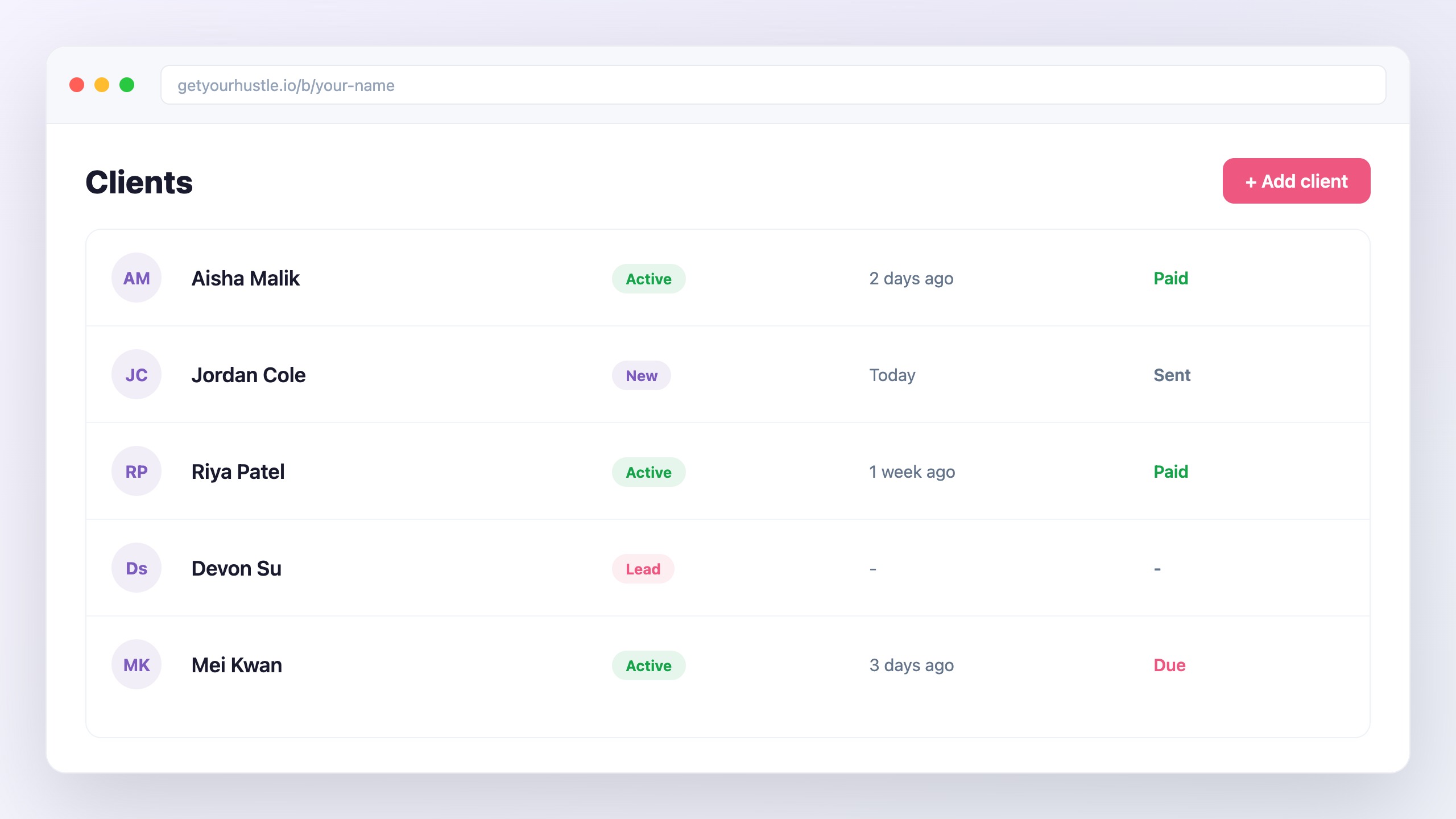 A HustleHub client list with each client's status and payment activity