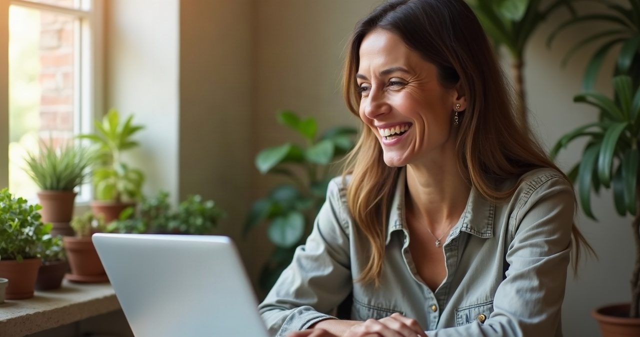 Coach smiling on a video call with a client in her home office