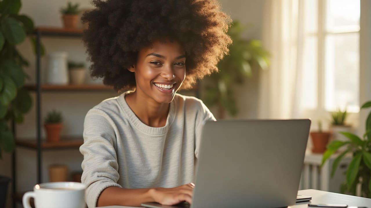 Tutor smiling at her laptop in a warm home office